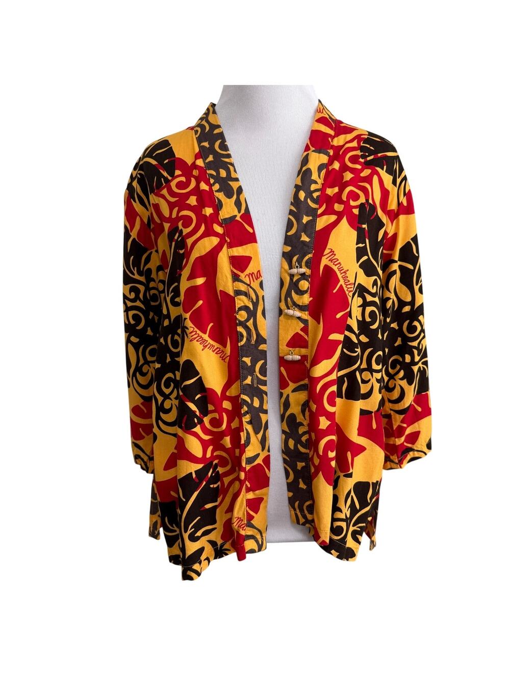 Manuhealii Womens Hawaiian 3/4 Sleeve Cardigan S Yellow Red Quilt Toggle Button